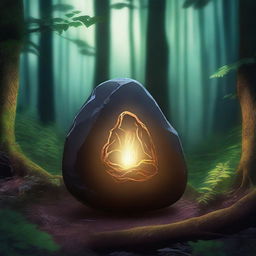 A mystical stone glowing brightly in a dark forest