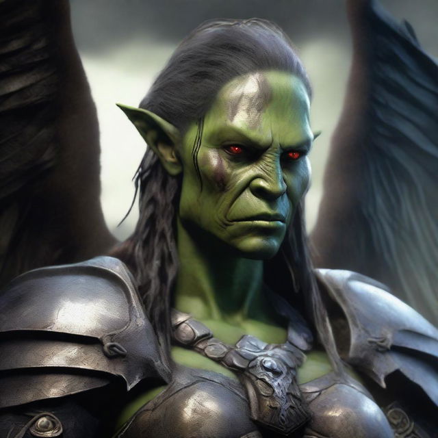 A defiled yet beautiful female orc angel from the Warcraft universe, shown in a portrait with a mutilated face and broken wings