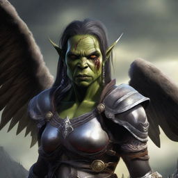 A defiled yet beautiful female orc angel from the Warcraft universe, shown in a portrait with a mutilated face and broken wings