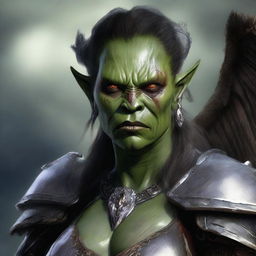 A defiled yet beautiful female orc angel from the Warcraft universe, shown in a portrait with a mutilated face and broken wings