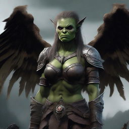 A defiled yet beautiful female orc angel from the Warcraft universe, shown in a portrait with a mutilated face and broken wings