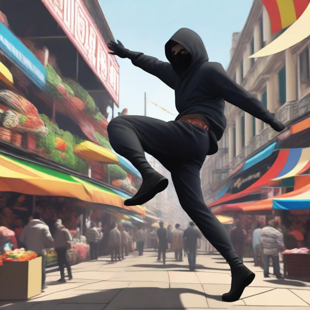 A rogue acrobat performing an agile maneuver in a bustling city market