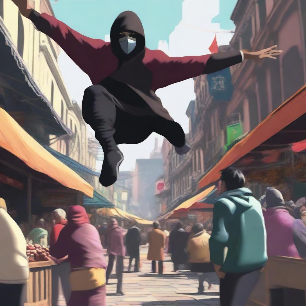 A rogue acrobat performing an agile maneuver in a bustling city market