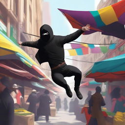 A rogue acrobat performing an agile maneuver in a bustling city market