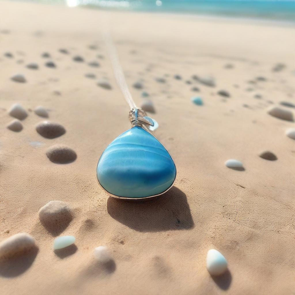 A larimar gemstone necklace lying on a sandy beach, glowing with a magical light