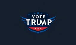 Extravagant logo with large lettering saying 'Vote Trump' in blue and red against a black background.