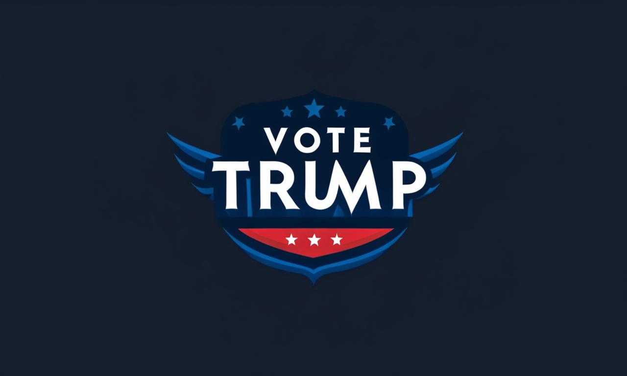 Extravagant logo with large lettering saying 'Vote Trump' in blue and red against a black background.