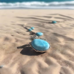 A larimar gemstone necklace lying on a sandy beach, glowing with a magical light