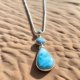 A larimar gemstone necklace lying on a sandy beach, glowing with a magical light