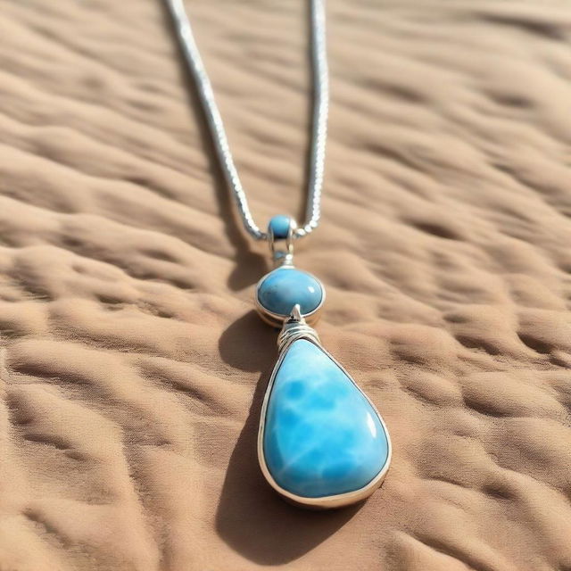A larimar gemstone necklace lying on a sandy beach, glowing with a magical light