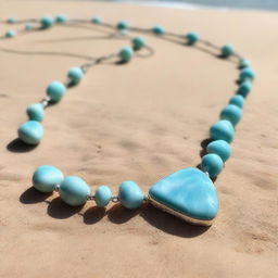 A larimar gemstone necklace lying on a sandy beach, glowing with a magical light