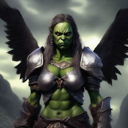 A defiled yet beautiful female orc angel from the Warcraft universe, shown in a portrait with a mutilated face and broken wings