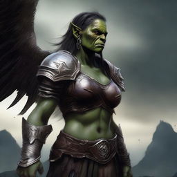 A defiled yet beautiful female orc angel from the Warcraft universe, shown in a portrait with a mutilated face and broken wings