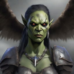 A defiled yet beautiful female orc angel from the Warcraft universe, shown in a portrait with a mutilated face and broken wings