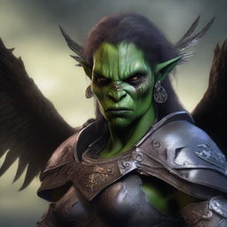 A defiled yet beautiful female orc angel from the Warcraft universe, shown in a portrait with a mutilated face and broken wings