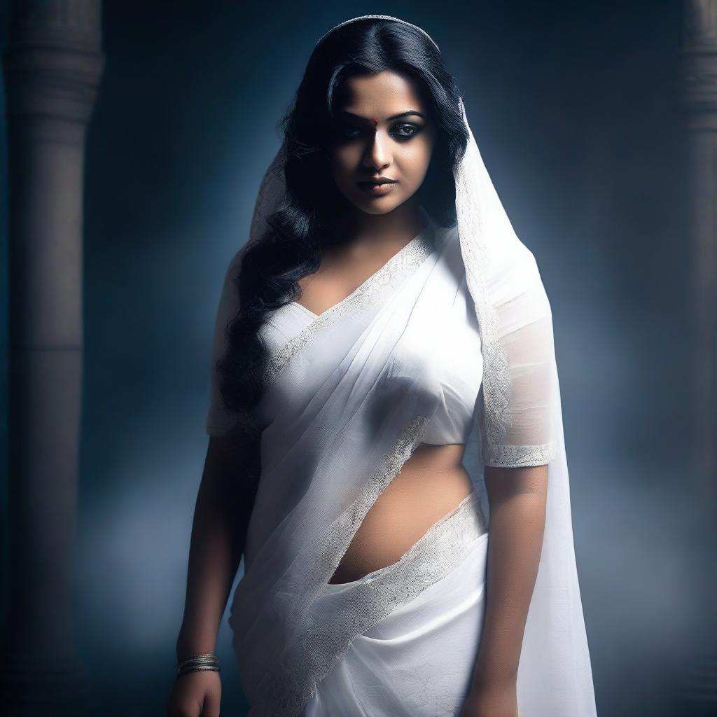 An Indian seductive curvy female ghost in a white saree, standing in a dimly lit, eerie background