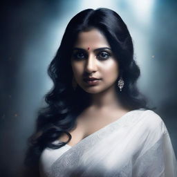 An Indian seductive curvy female ghost in a white saree, standing in a dimly lit, eerie background