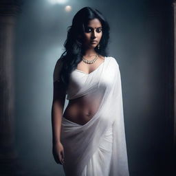 An Indian seductive curvy female ghost in a white saree, standing in a dimly lit, eerie background