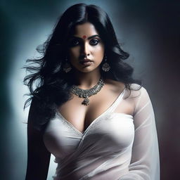 An Indian seductive curvy female ghost in a white saree, wearing a more revealing blouse that accentuates her thicker bust