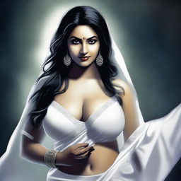 An Indian seductive curvy female ghost in a white saree, wearing a more revealing blouse that accentuates her thicker bust