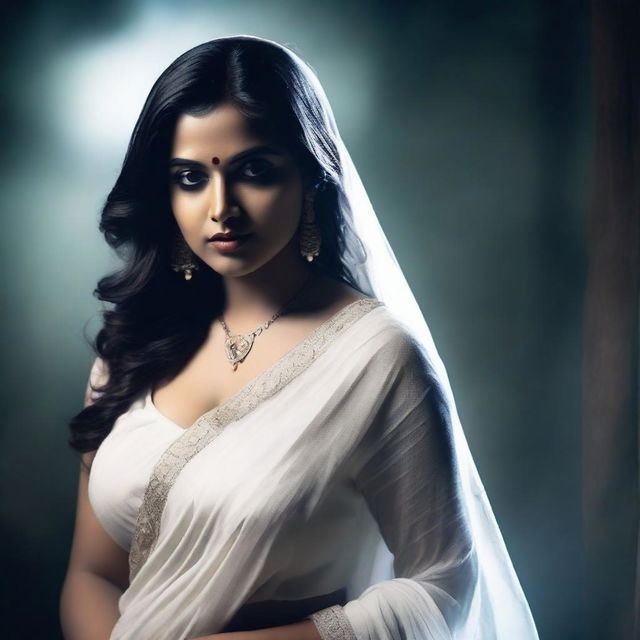 An Indian seductive curvy female ghost in a white saree, wearing a more revealing blouse that accentuates her thicker bust