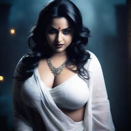 An Indian seductive curvy female ghost in a white saree, wearing a more revealing blouse that accentuates her thicker bust