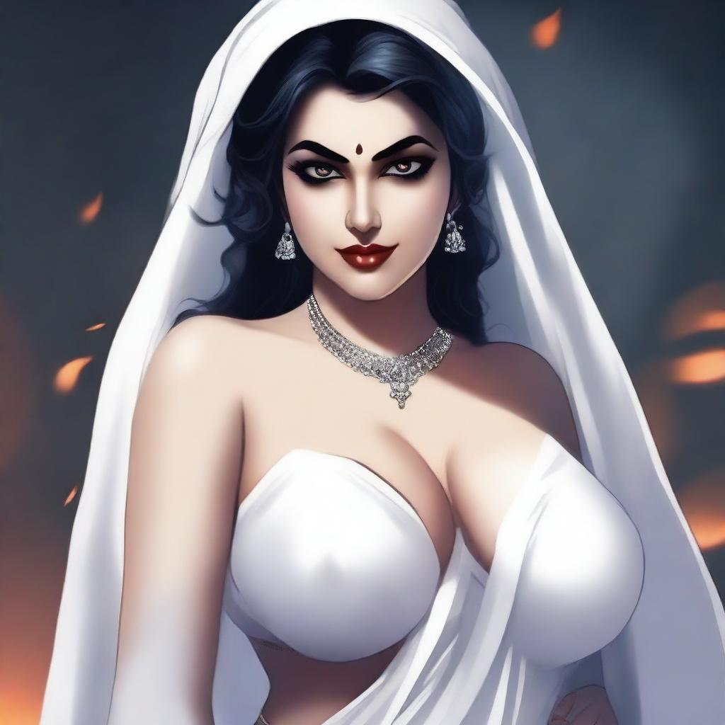 A seductive and curvy female ghost in a white saree with a horror element in the background