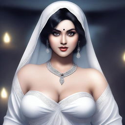 A seductive and curvy female ghost in a white saree with a horror element in the background