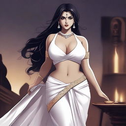 A seductive and curvy female ghost in a white saree with a horror element in the background