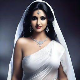 Create a photorealistic image of an Indian seductive curvy female ghost in a white saree with a horror element in the background