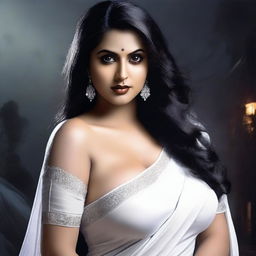 Create a photorealistic image of an Indian seductive curvy female ghost in a white saree with a horror element in the background