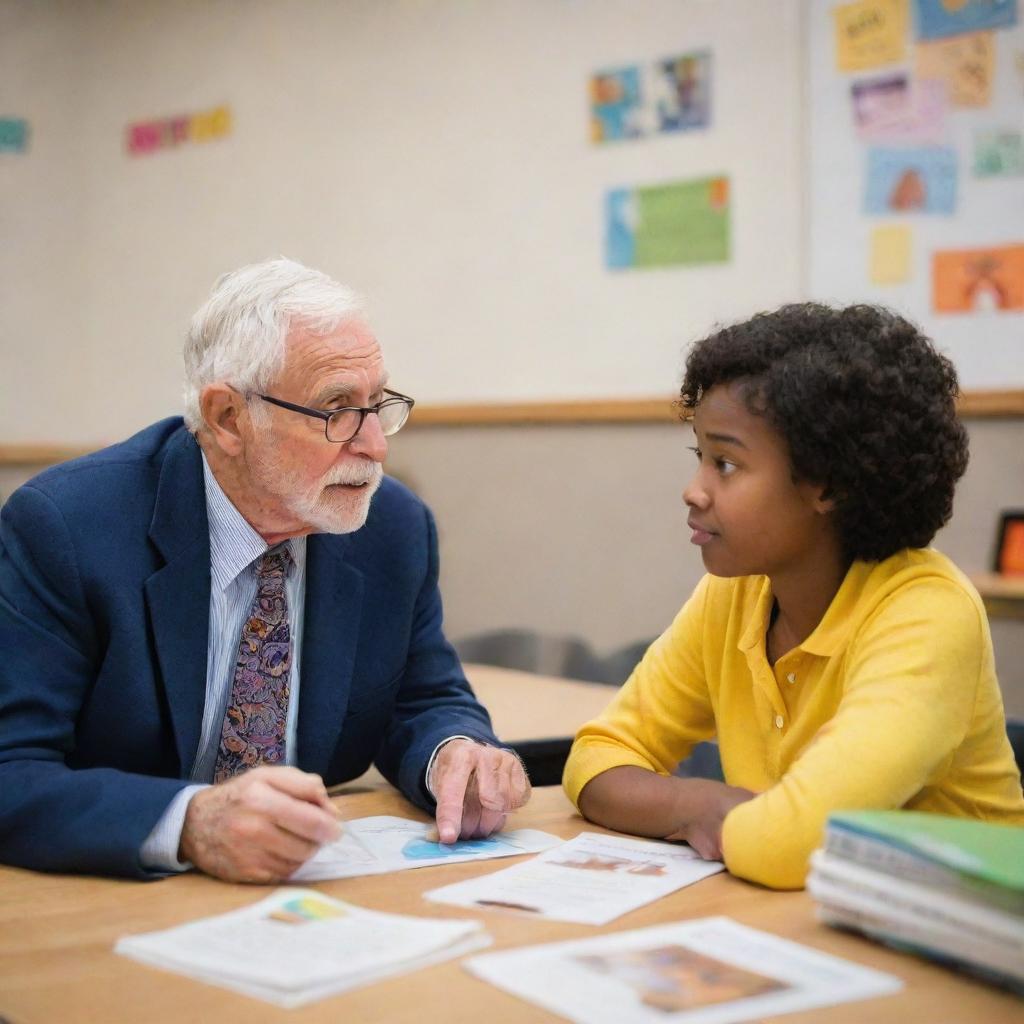 A wise, senior teacher engaged in a deep conversation with a curious student, in a brightly lit classroom filled with books and educational posters.