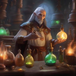 An Eladrin Alchemist Artificer in a fantastical laboratory filled with bubbling potions and intricate machinery