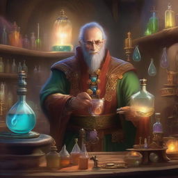 An Eladrin Alchemist Artificer in a fantastical laboratory filled with bubbling potions and intricate machinery