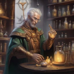 An Eladrin Alchemist Artificer in a fantastical laboratory filled with bubbling potions and intricate machinery