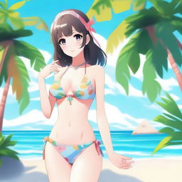 A beautiful waifu character in a stylish bikini, standing on a sunny beach with crystal clear waters and palm trees in the background