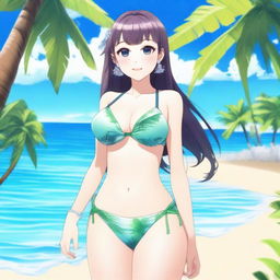 A beautiful waifu character in a stylish bikini, standing on a sunny beach with crystal clear waters and palm trees in the background