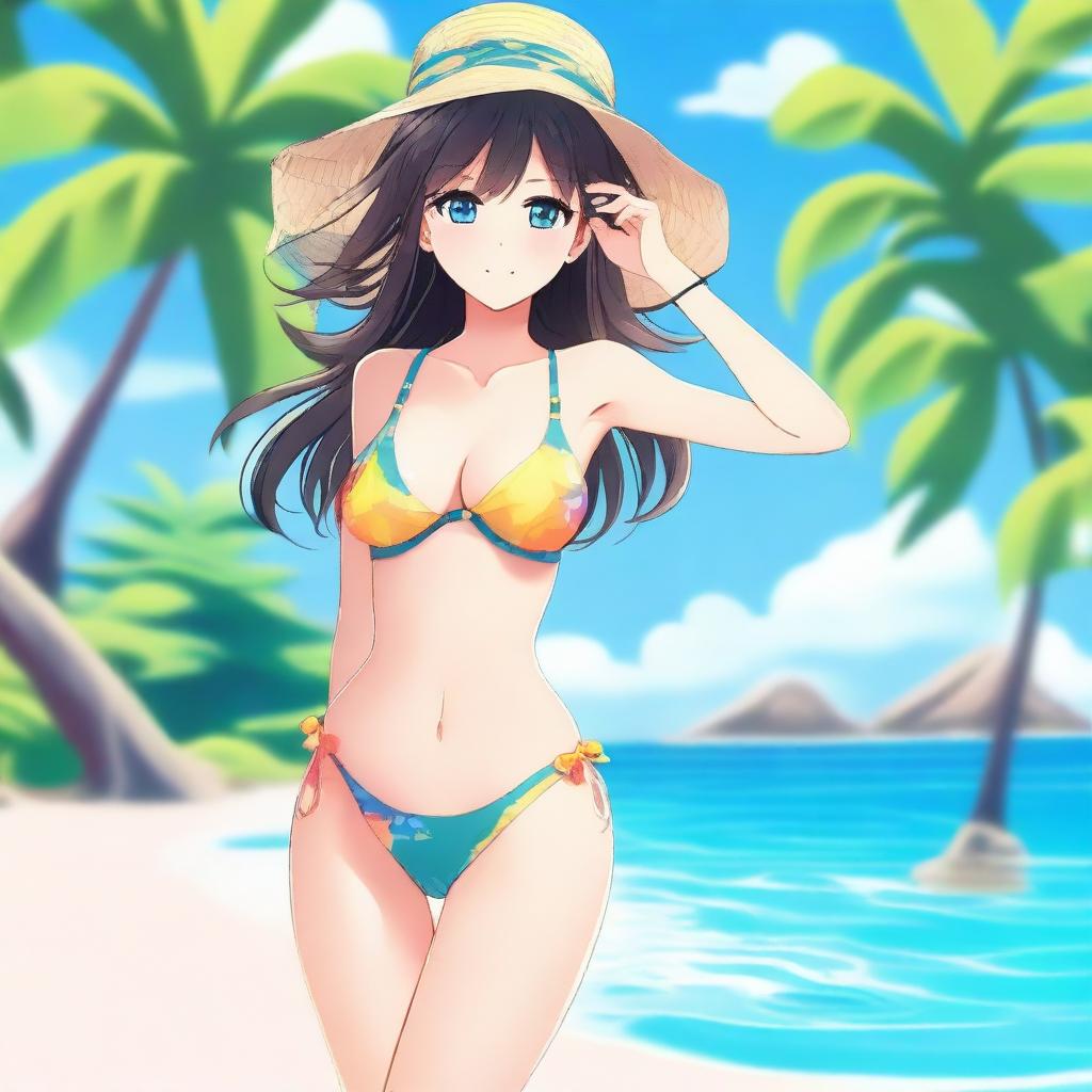 A beautiful waifu character in a stylish bikini, standing on a sunny beach with crystal clear waters and palm trees in the background