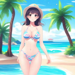 A beautiful waifu character in a stylish bikini, standing on a sunny beach with crystal clear waters and palm trees in the background