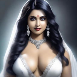 Create a photorealistic image of an Indian seductive curvy female ghost in a white saree with a horror element in the background