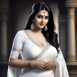 Create a photorealistic image of an Indian seductive curvy female ghost in a white saree with a horror element in the background