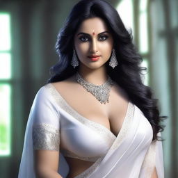 Create a photorealistic image of an Indian seductive curvy female ghost in a white saree with a horror element in the background