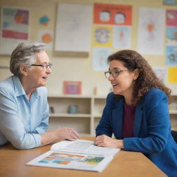 A wise, senior teacher engaged in a deep conversation with a curious student, in a brightly lit classroom filled with books and educational posters.