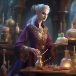 An androgynous Eladrin Alchemist Artificer in a fantastical laboratory filled with bubbling potions and intricate machinery