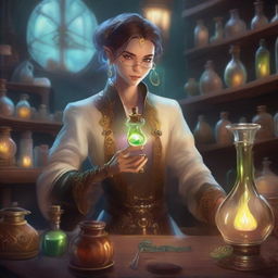 An androgynous Eladrin Alchemist Artificer in a fantastical laboratory filled with bubbling potions and intricate machinery