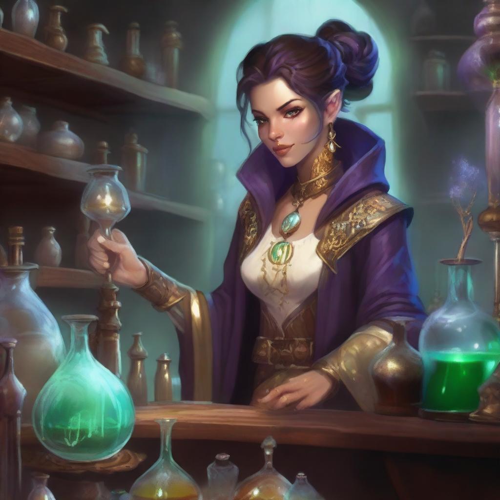 An androgynous Eladrin Alchemist Artificer in a fantastical laboratory filled with bubbling potions and intricate machinery