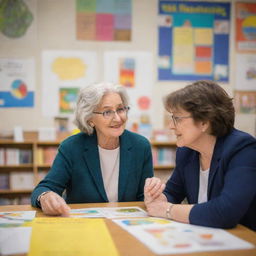 A wise, senior teacher engaged in a deep conversation with a curious student, in a brightly lit classroom filled with books and educational posters.