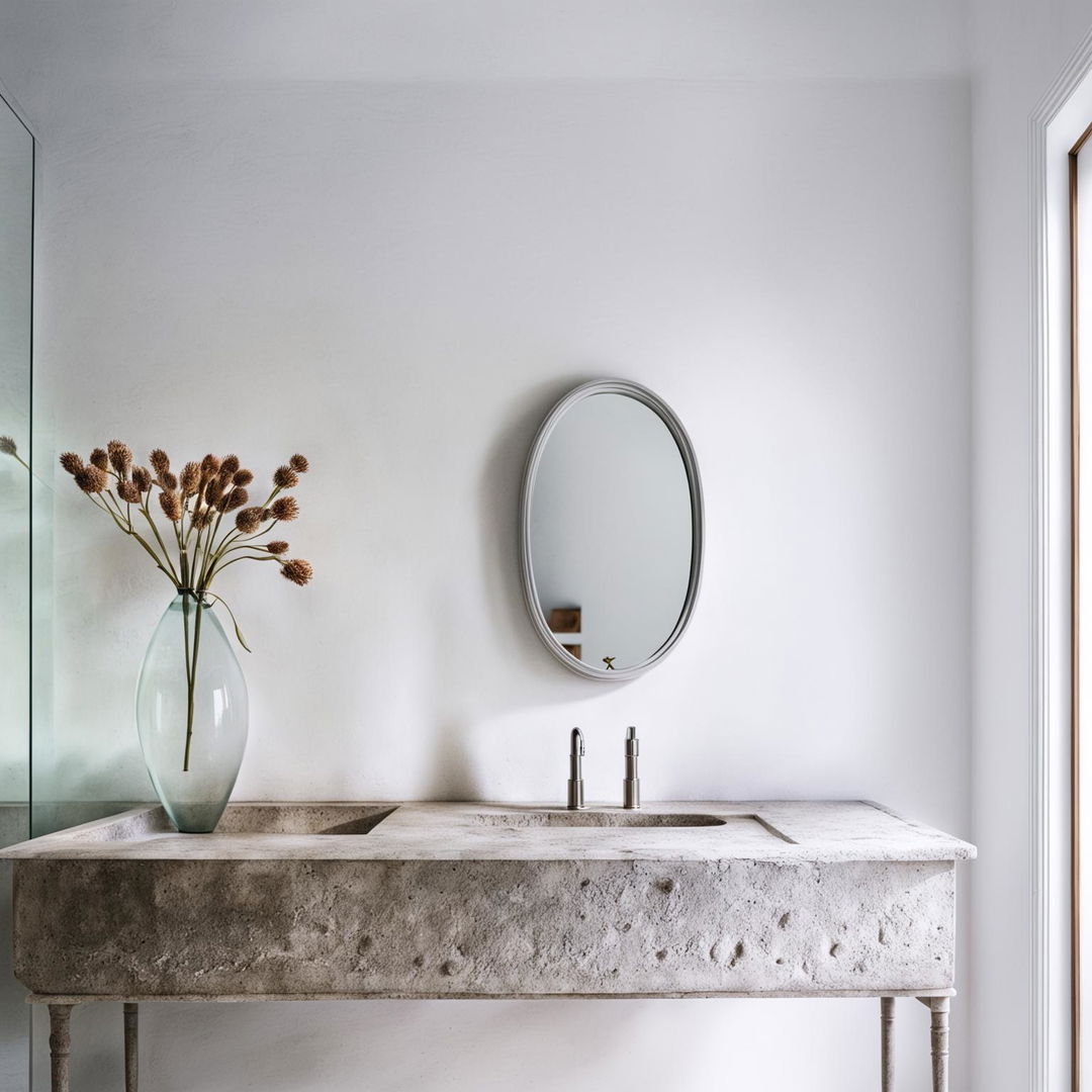 A tranquil bathroom with clean white plaster wall, dainty stone vanity, oval mirror, vase with dried flowers under gentle lighting in an architectural elevation.