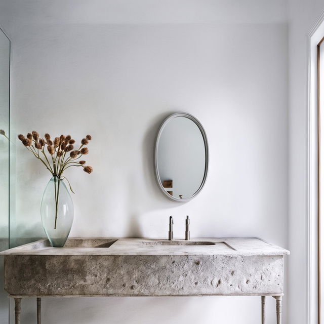 A tranquil bathroom with clean white plaster wall, dainty stone vanity, oval mirror, vase with dried flowers under gentle lighting in an architectural elevation.