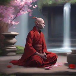 A Tiefling Monk of the Compassionate Hand meditating in a serene temple courtyard